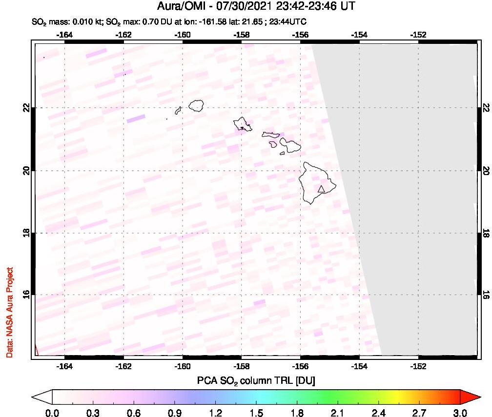 A sulfur dioxide image over Hawaii, USA on Jul 30, 2021.