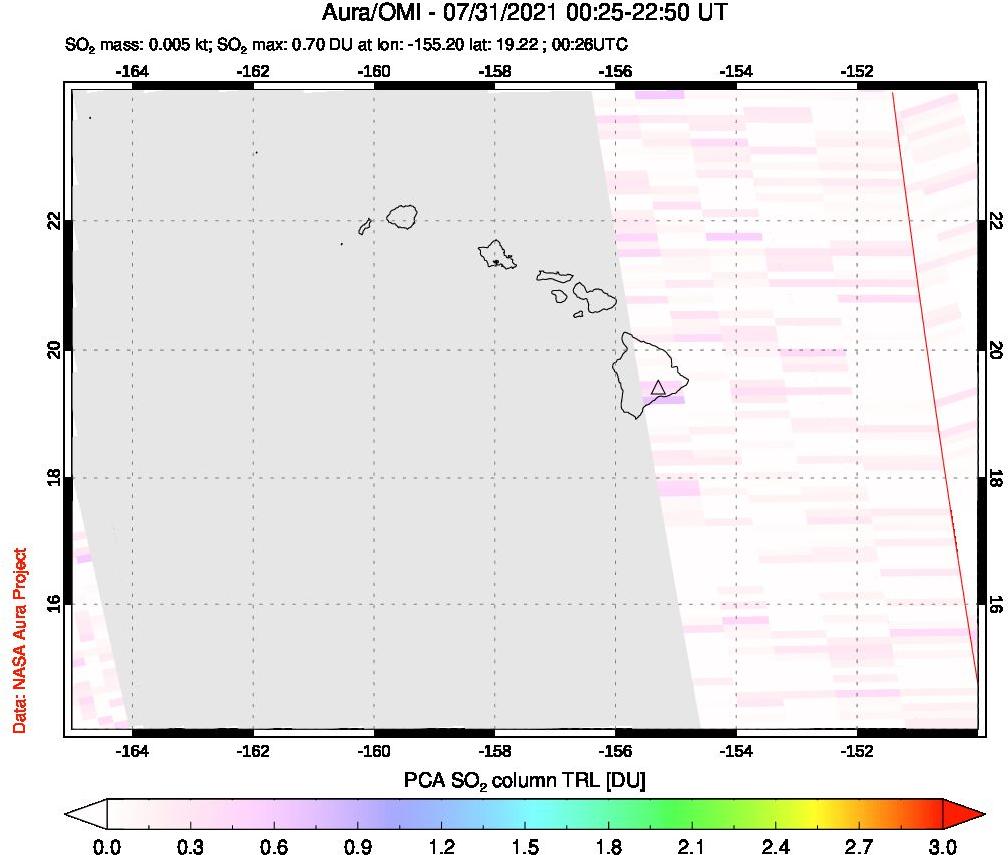 A sulfur dioxide image over Hawaii, USA on Jul 31, 2021.