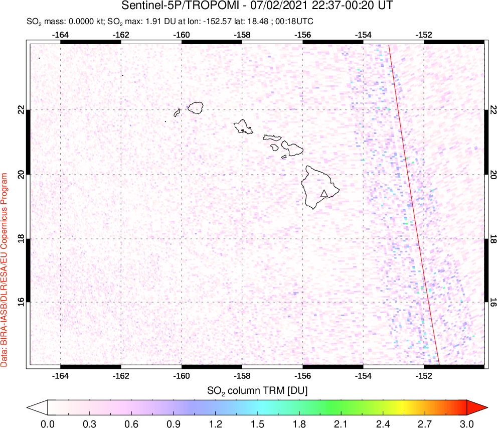 A sulfur dioxide image over Hawaii, USA on Jul 02, 2021.