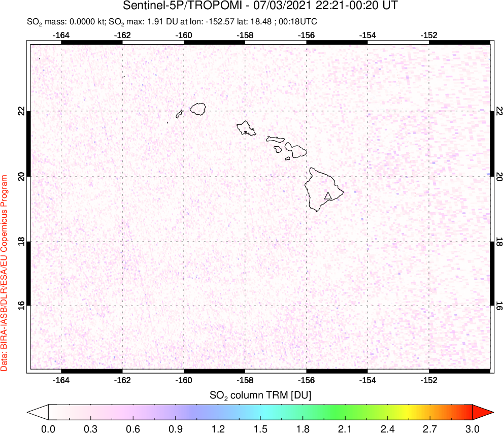 A sulfur dioxide image over Hawaii, USA on Jul 03, 2021.
