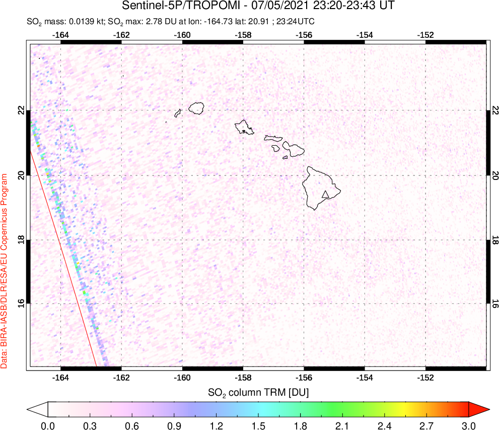 A sulfur dioxide image over Hawaii, USA on Jul 05, 2021.