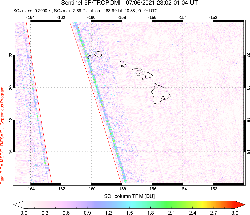 A sulfur dioxide image over Hawaii, USA on Jul 06, 2021.