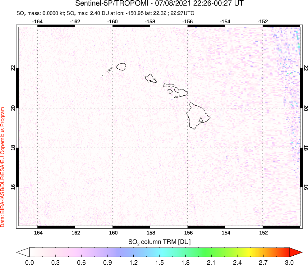 A sulfur dioxide image over Hawaii, USA on Jul 08, 2021.