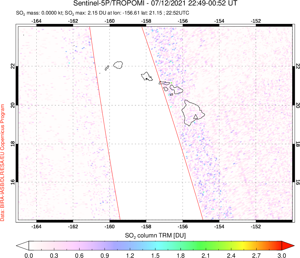 A sulfur dioxide image over Hawaii, USA on Jul 12, 2021.