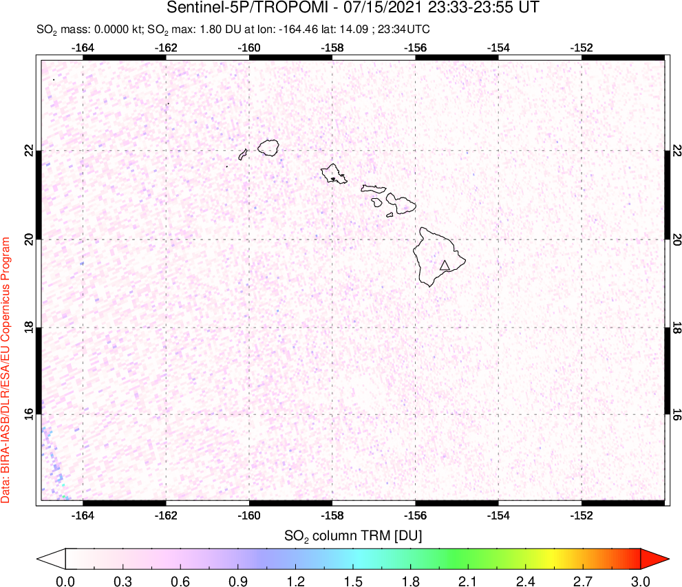 A sulfur dioxide image over Hawaii, USA on Jul 15, 2021.