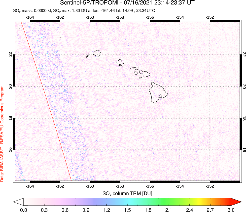 A sulfur dioxide image over Hawaii, USA on Jul 16, 2021.