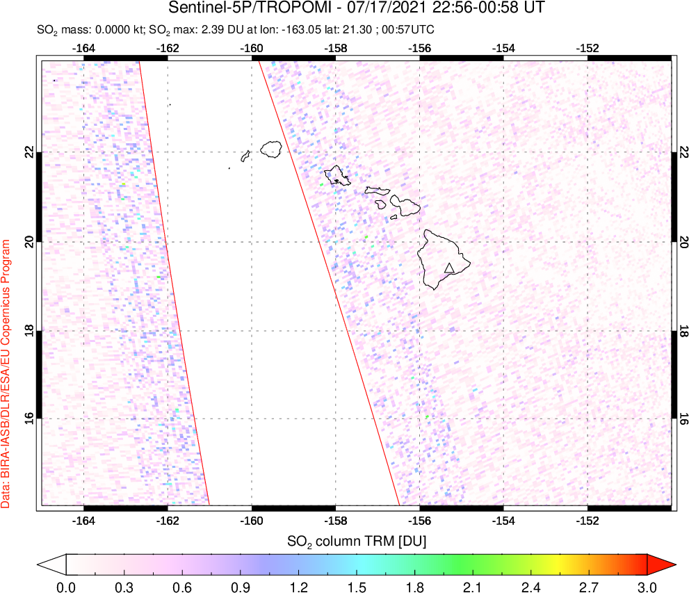 A sulfur dioxide image over Hawaii, USA on Jul 17, 2021.