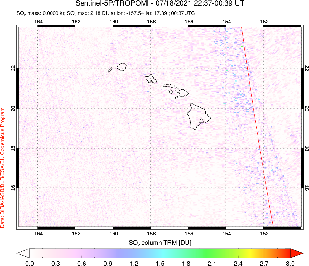 A sulfur dioxide image over Hawaii, USA on Jul 18, 2021.
