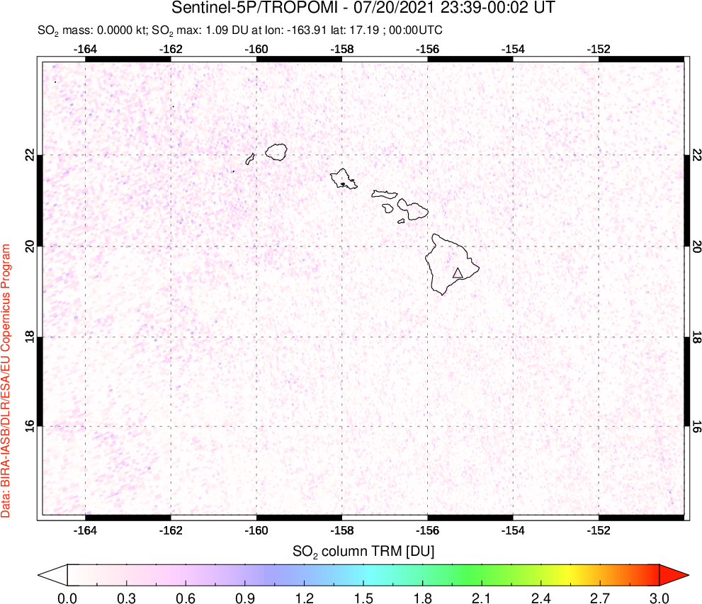 A sulfur dioxide image over Hawaii, USA on Jul 20, 2021.