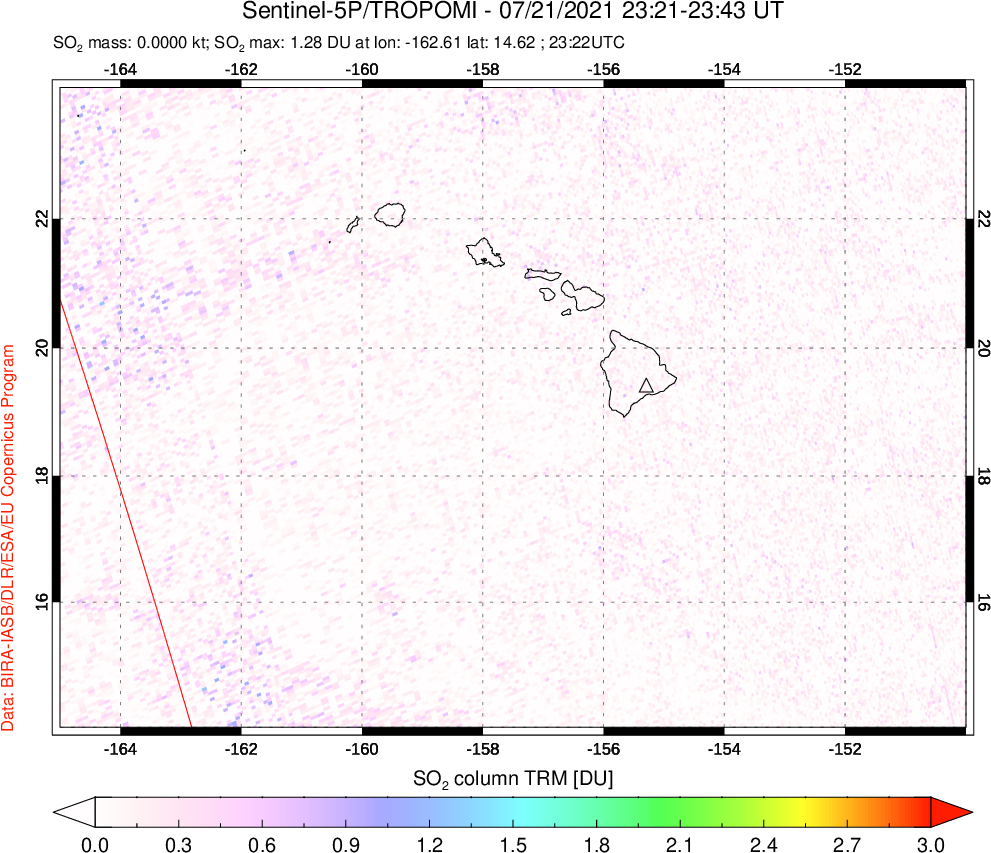 A sulfur dioxide image over Hawaii, USA on Jul 21, 2021.