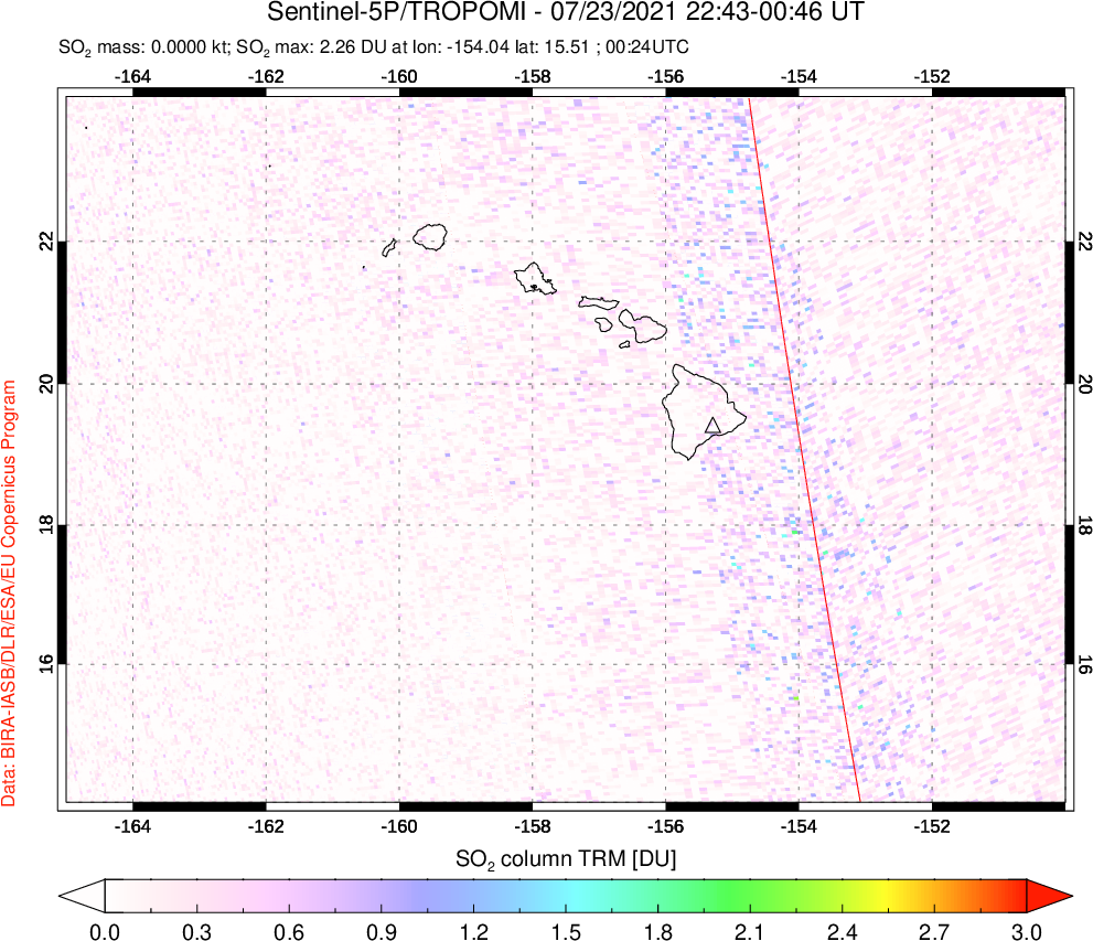 A sulfur dioxide image over Hawaii, USA on Jul 23, 2021.