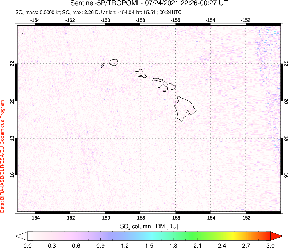 A sulfur dioxide image over Hawaii, USA on Jul 24, 2021.
