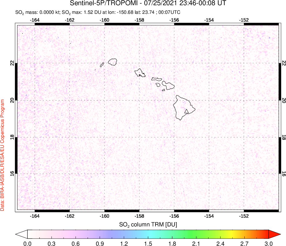 A sulfur dioxide image over Hawaii, USA on Jul 25, 2021.