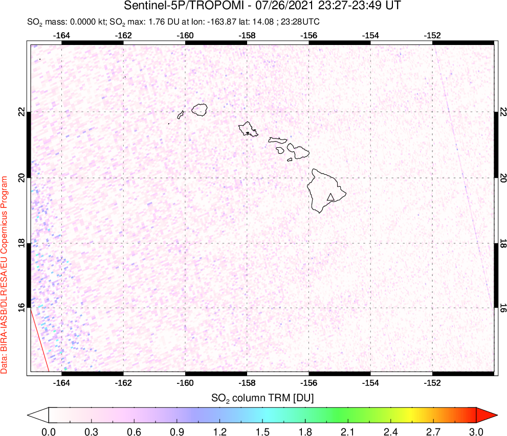 A sulfur dioxide image over Hawaii, USA on Jul 26, 2021.