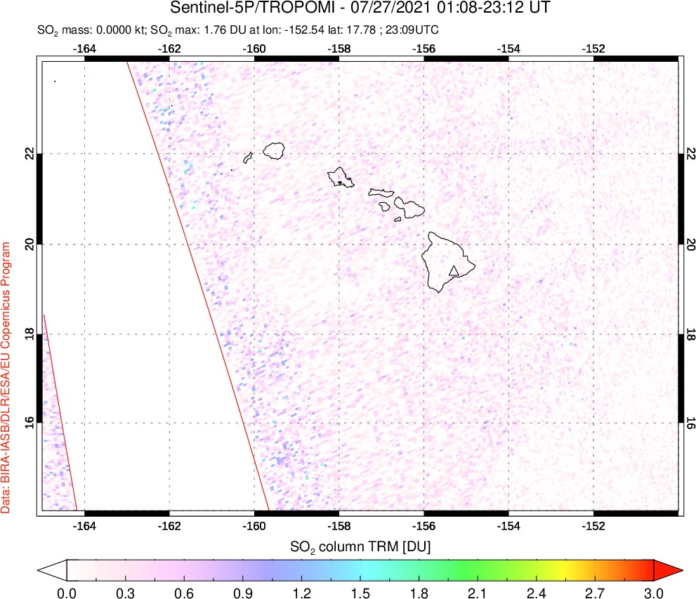 A sulfur dioxide image over Hawaii, USA on Jul 27, 2021.