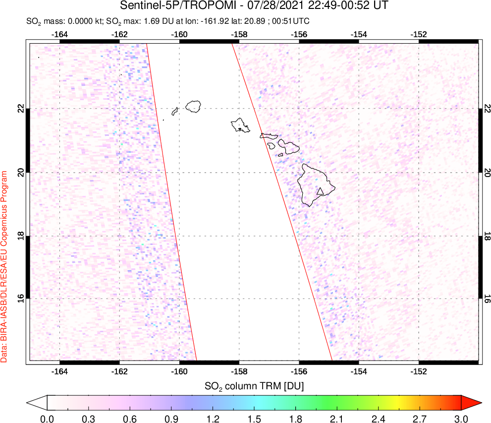 A sulfur dioxide image over Hawaii, USA on Jul 28, 2021.