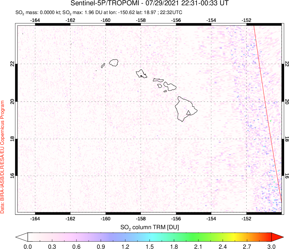 A sulfur dioxide image over Hawaii, USA on Jul 29, 2021.