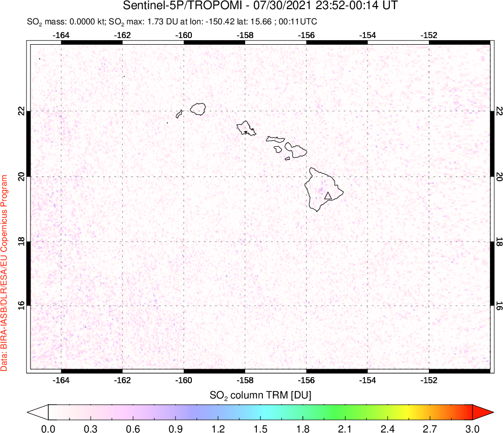 A sulfur dioxide image over Hawaii, USA on Jul 30, 2021.