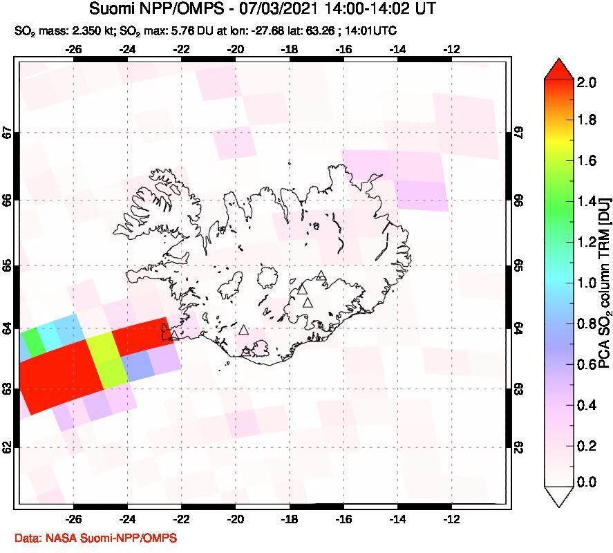A sulfur dioxide image over Iceland on Jul 03, 2021.
