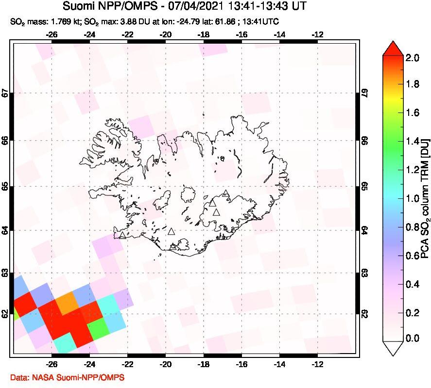 A sulfur dioxide image over Iceland on Jul 04, 2021.