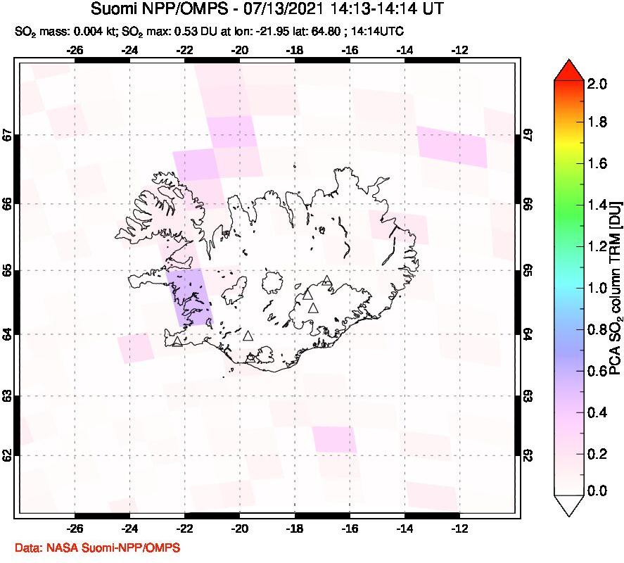 A sulfur dioxide image over Iceland on Jul 13, 2021.