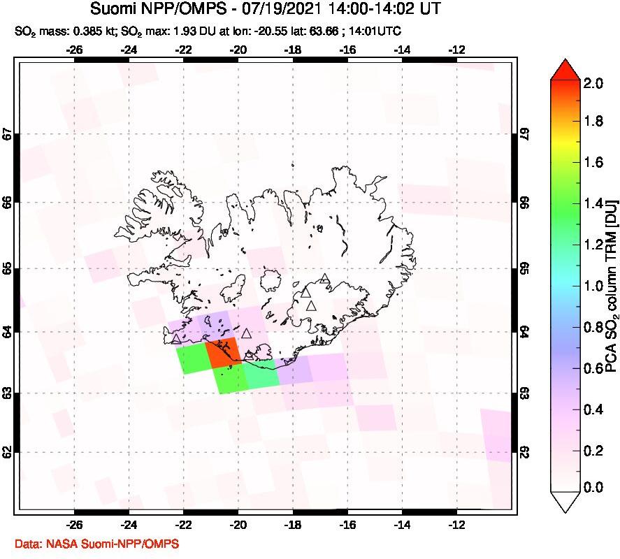 A sulfur dioxide image over Iceland on Jul 19, 2021.