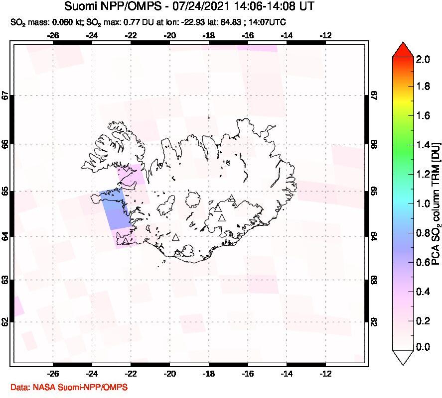 A sulfur dioxide image over Iceland on Jul 24, 2021.
