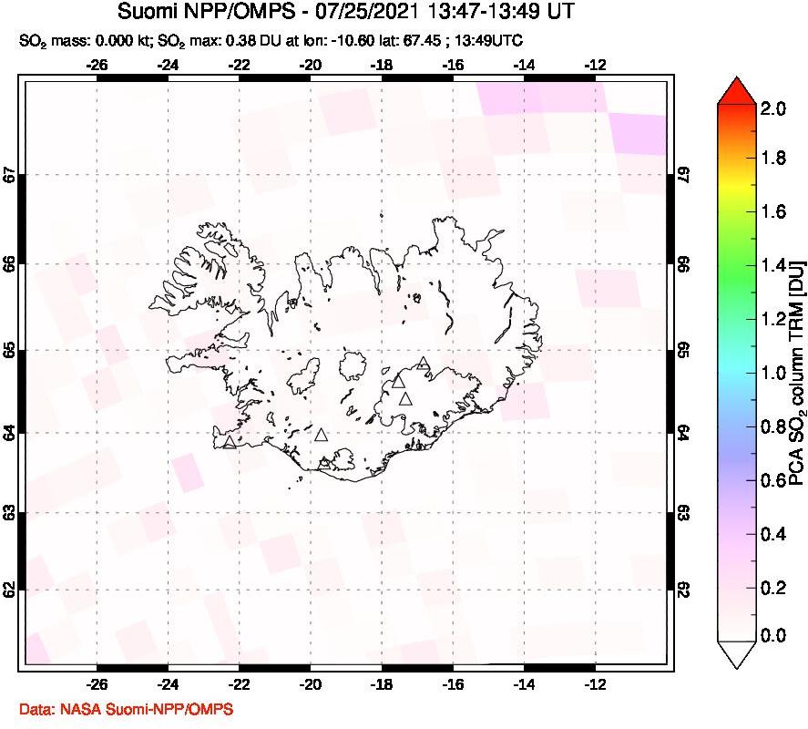 A sulfur dioxide image over Iceland on Jul 25, 2021.
