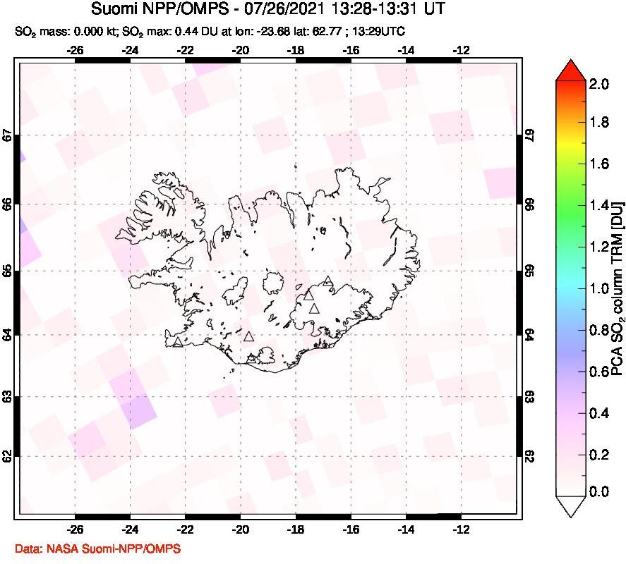 A sulfur dioxide image over Iceland on Jul 26, 2021.