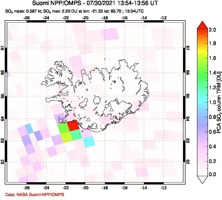 A sulfur dioxide image over Iceland on Jul 30, 2021.