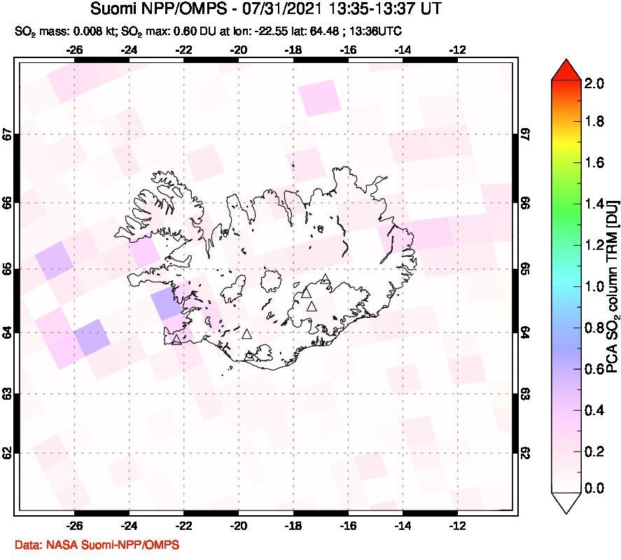 A sulfur dioxide image over Iceland on Jul 31, 2021.