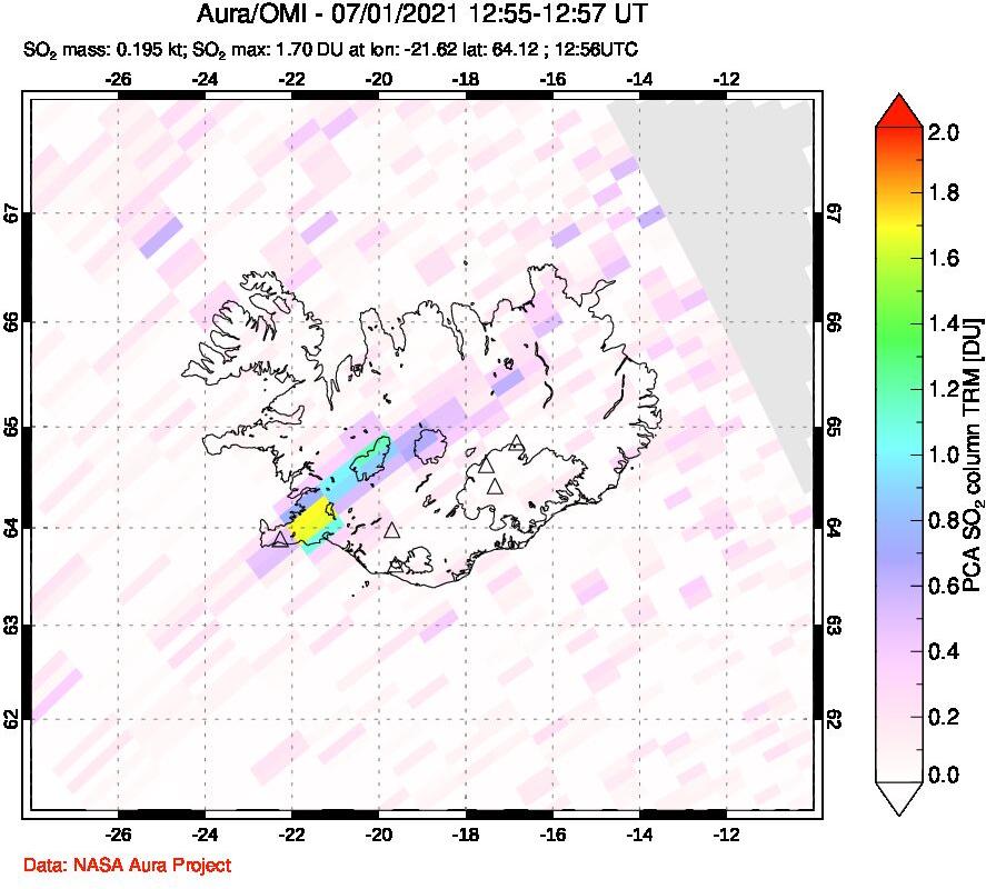 A sulfur dioxide image over Iceland on Jul 01, 2021.