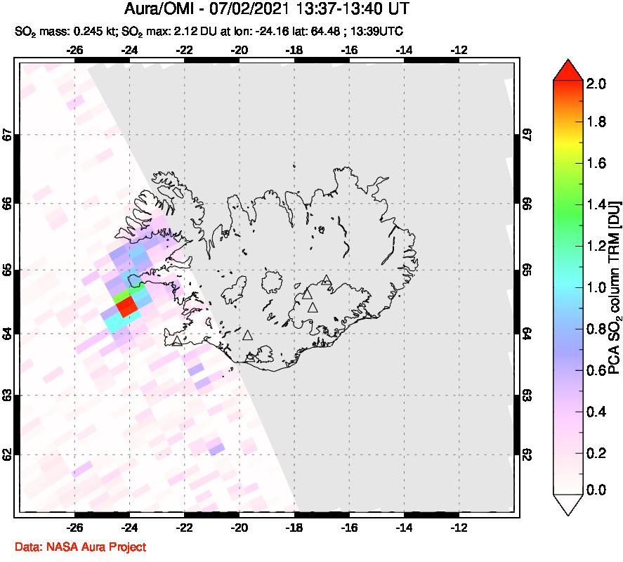A sulfur dioxide image over Iceland on Jul 02, 2021.