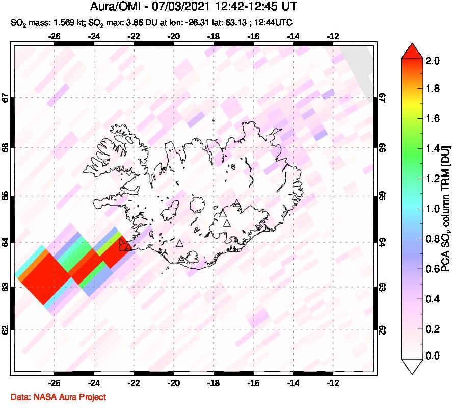 A sulfur dioxide image over Iceland on Jul 03, 2021.