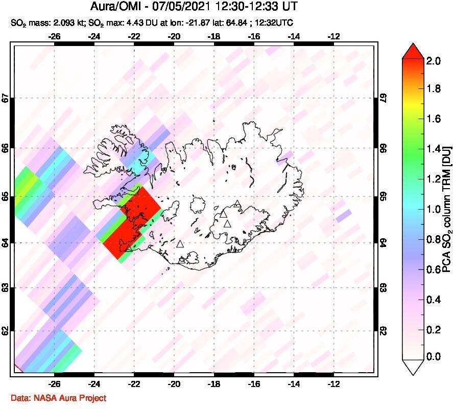 A sulfur dioxide image over Iceland on Jul 05, 2021.