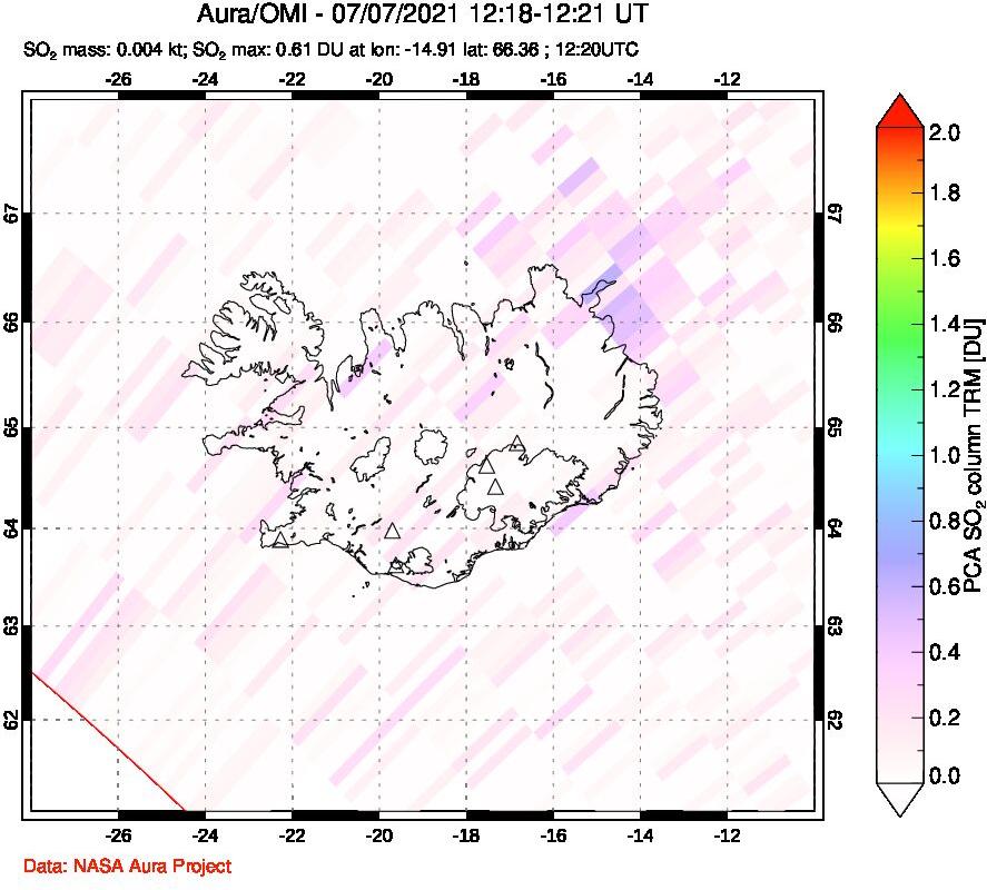 A sulfur dioxide image over Iceland on Jul 07, 2021.