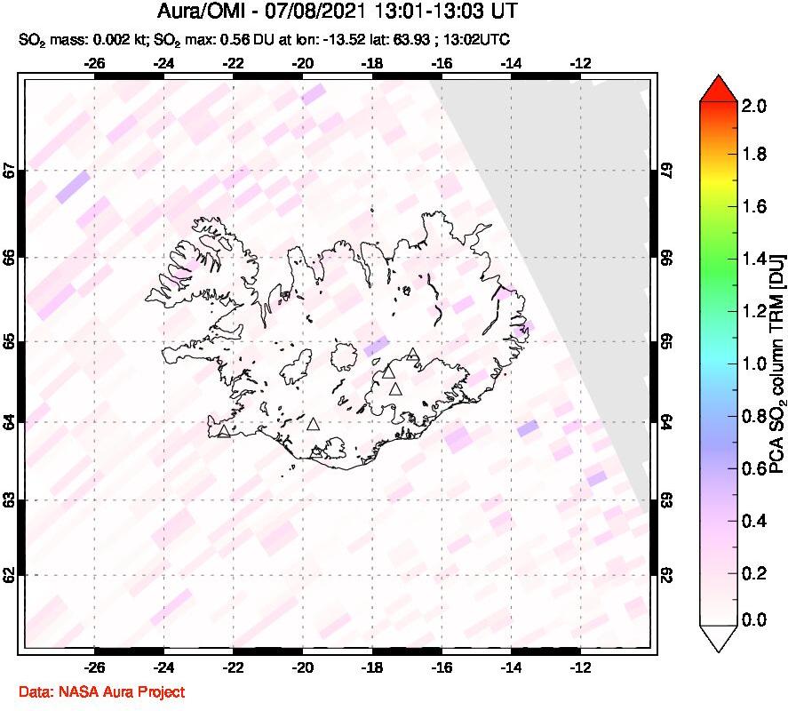 A sulfur dioxide image over Iceland on Jul 08, 2021.