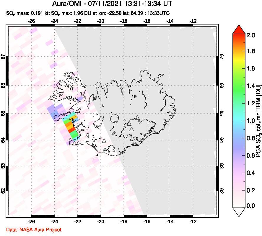 A sulfur dioxide image over Iceland on Jul 11, 2021.