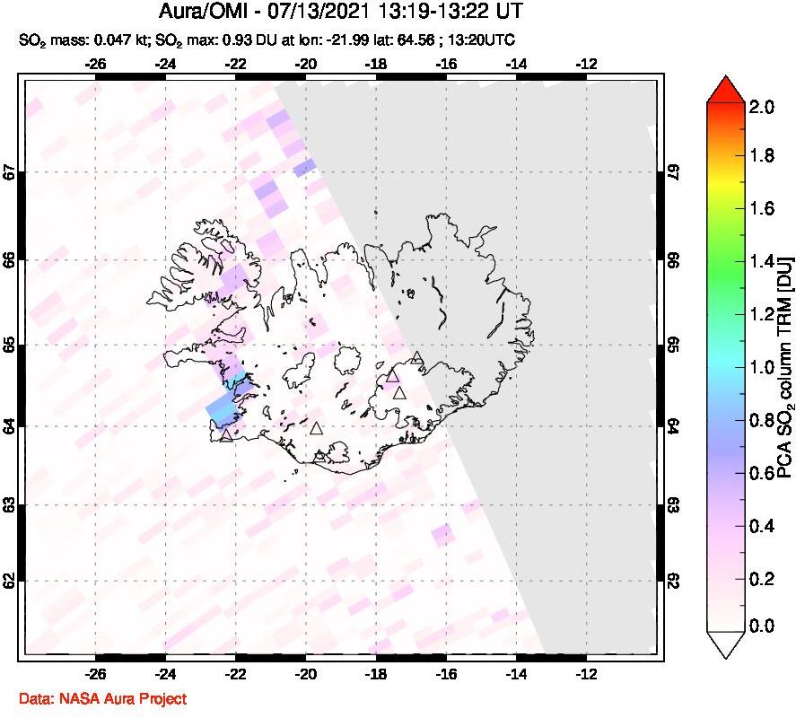 A sulfur dioxide image over Iceland on Jul 13, 2021.