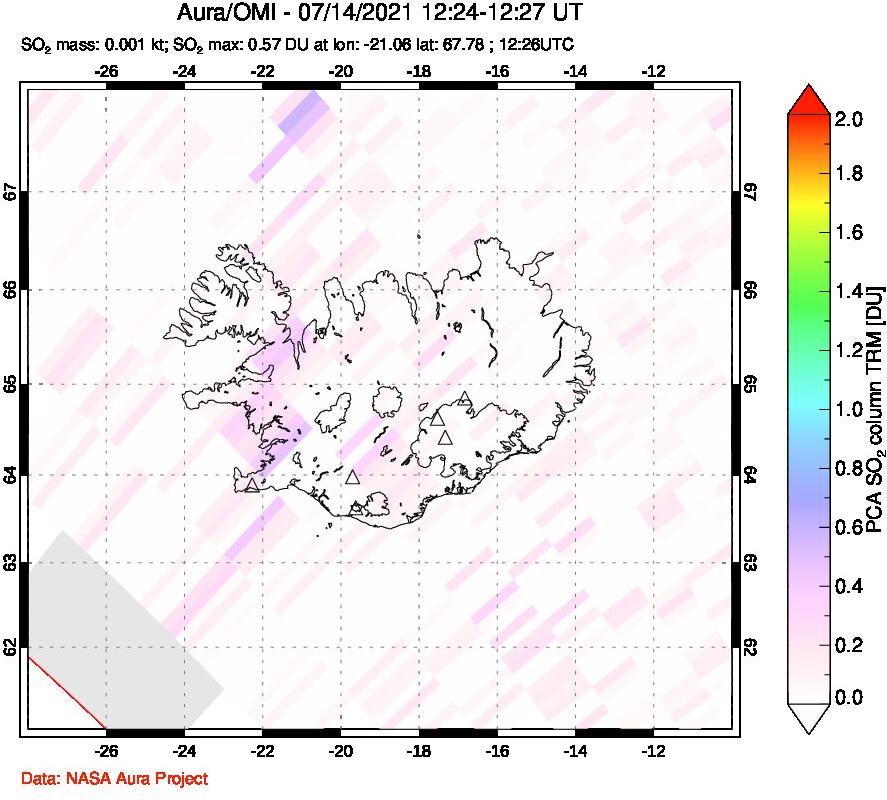 A sulfur dioxide image over Iceland on Jul 14, 2021.