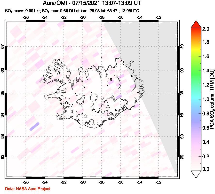 A sulfur dioxide image over Iceland on Jul 15, 2021.