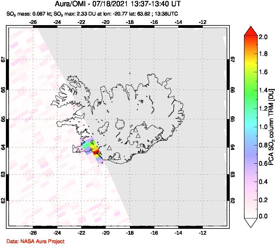 A sulfur dioxide image over Iceland on Jul 18, 2021.