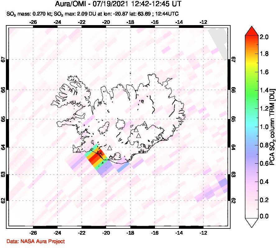 A sulfur dioxide image over Iceland on Jul 19, 2021.