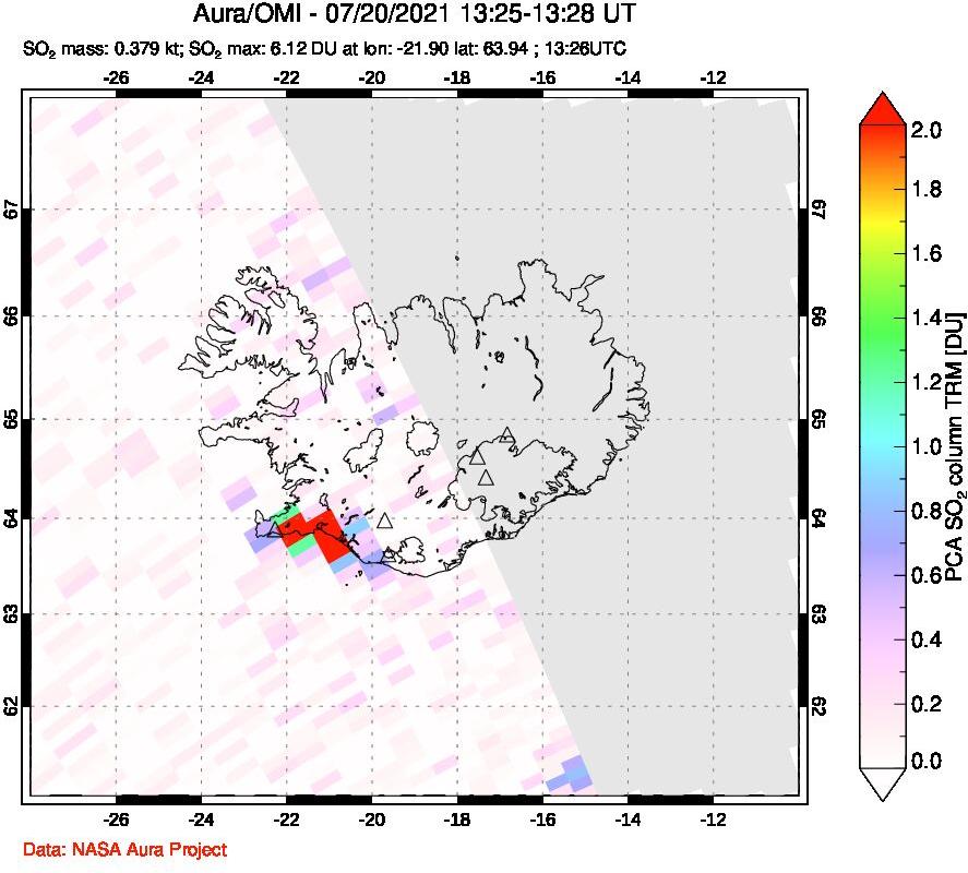 A sulfur dioxide image over Iceland on Jul 20, 2021.