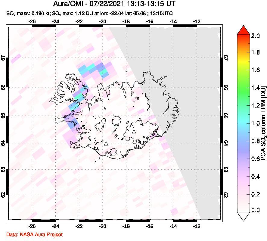 A sulfur dioxide image over Iceland on Jul 22, 2021.