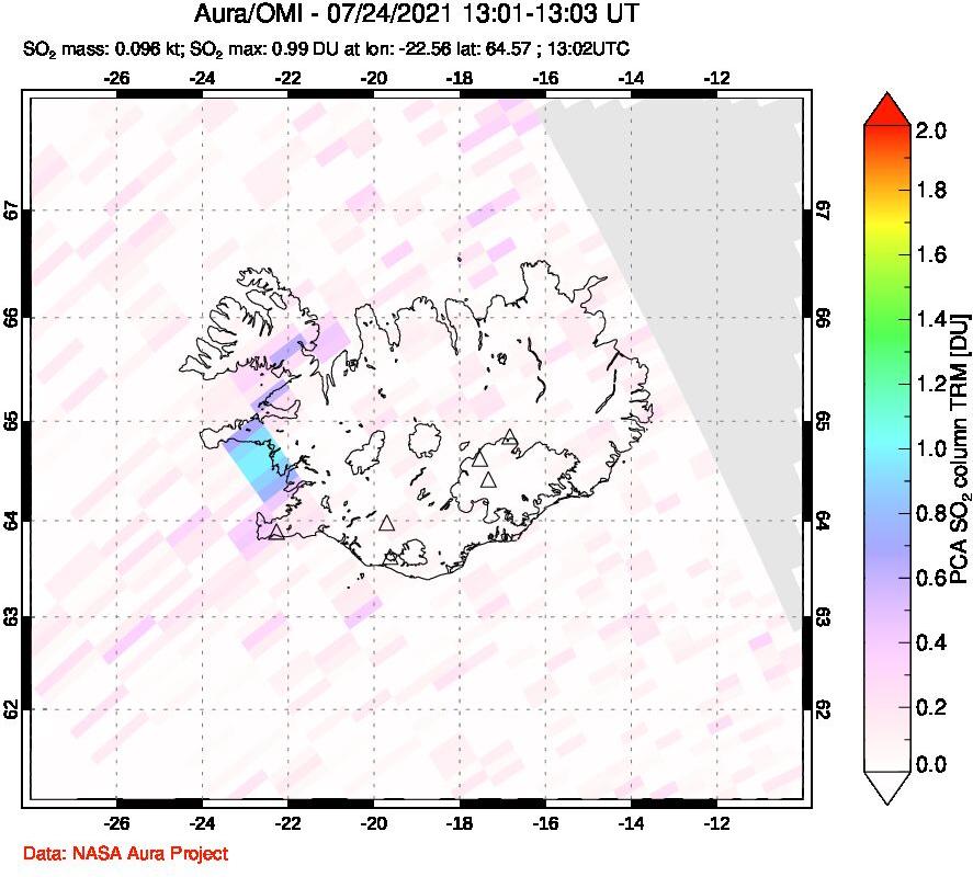 A sulfur dioxide image over Iceland on Jul 24, 2021.