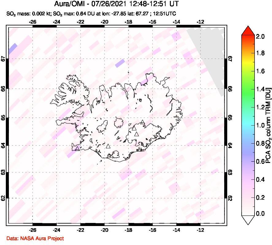A sulfur dioxide image over Iceland on Jul 26, 2021.