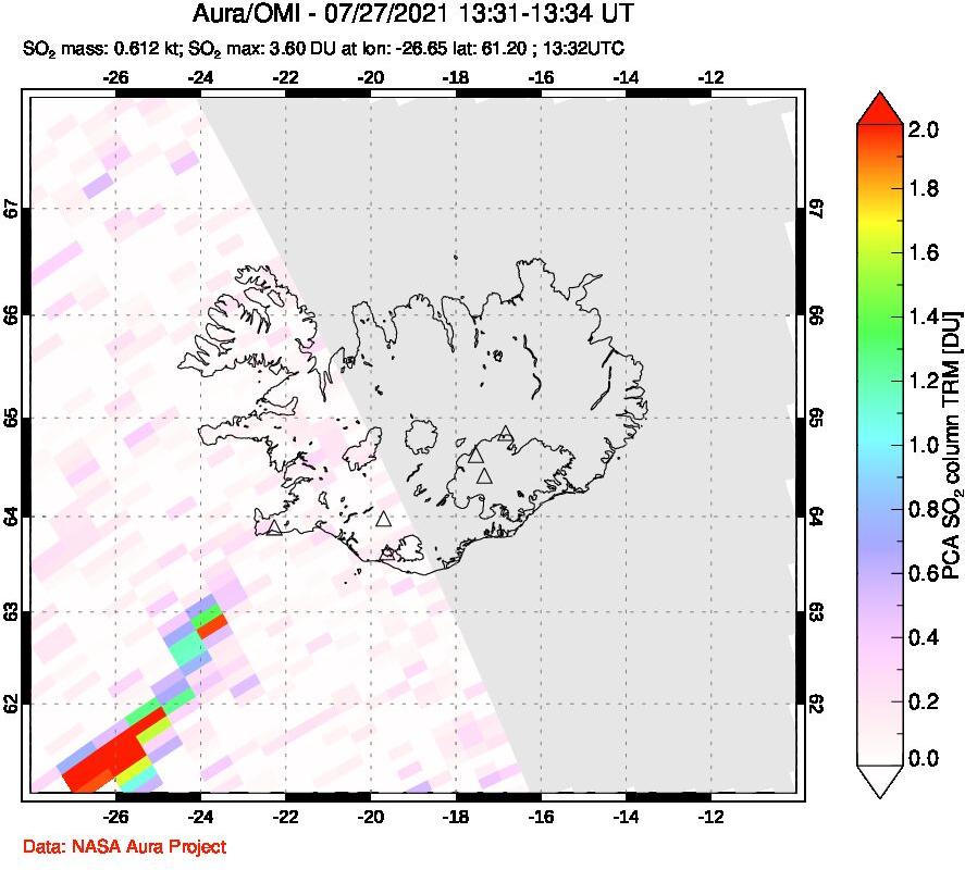 A sulfur dioxide image over Iceland on Jul 27, 2021.