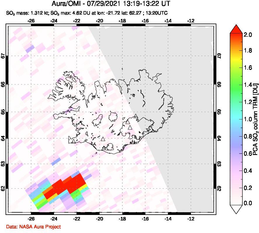 A sulfur dioxide image over Iceland on Jul 29, 2021.