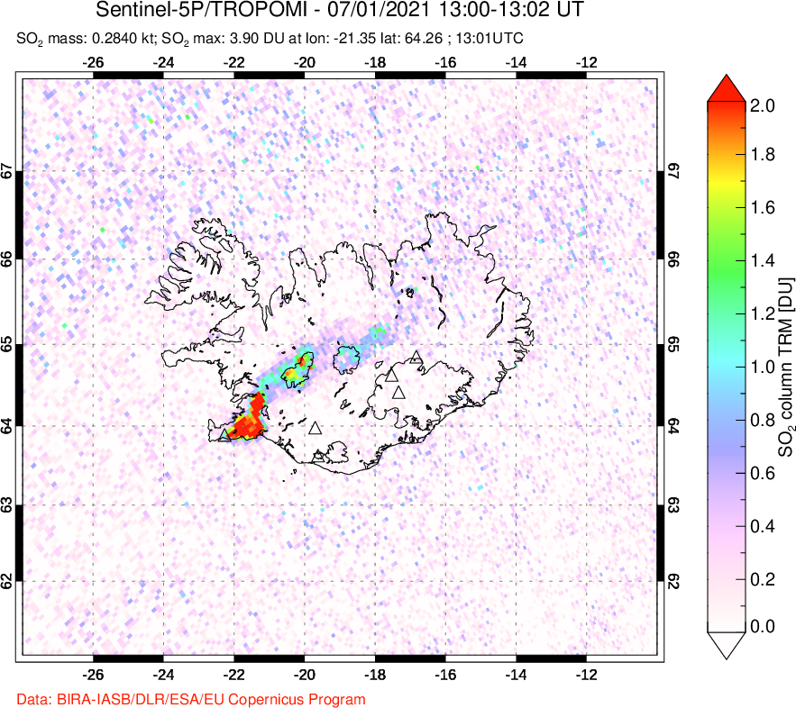 A sulfur dioxide image over Iceland on Jul 01, 2021.